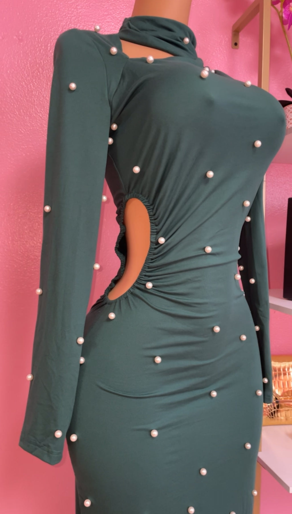 The Pearl-Encrusted Emerald Cutout Dress
